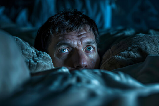 Man with insomnia lying in bed in dark with wide-open eyes reflecting anxiety, concept of depression, stress and mental health problems
