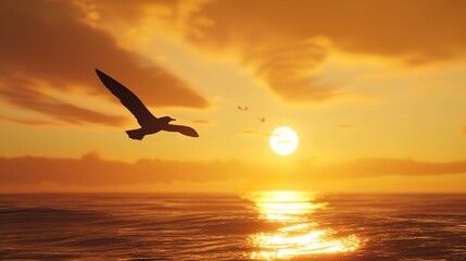 Fototapeta na wymiar Bird Flying at Sunset - Flight Inspirational Soaring