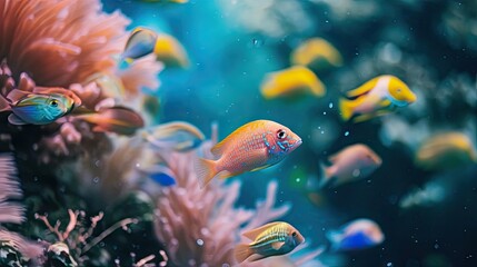 Colorful tropical fish in the aquarium. Underwater world of coral reef