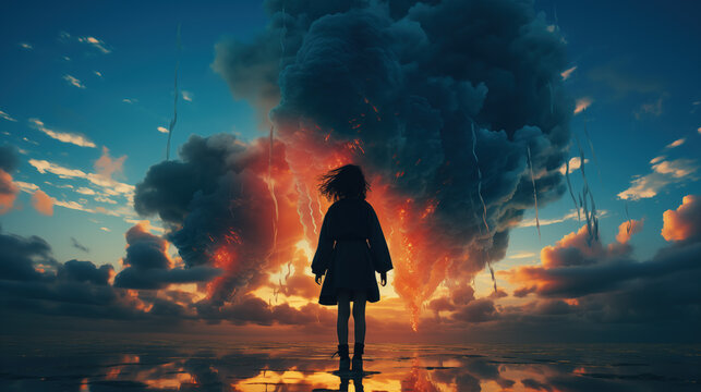 a girl standing in front of a giant explosion, world is going to an end, missing home theme