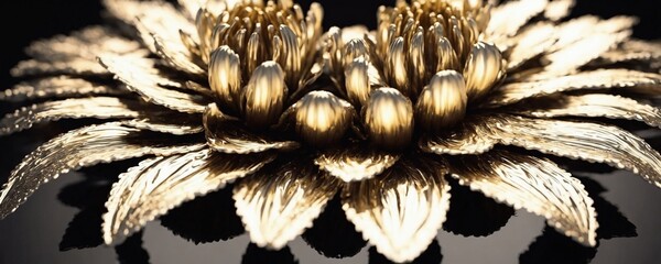 there is a gold flower that is sitting on a black table