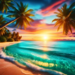 A summer scene featuring a beach with turquoise water, palm trees, and a vibrant sunset, nature photography, hd,4k