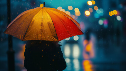 Photgraph of person standing in the rain holding an umbrella. In a city street with background of street lighting.