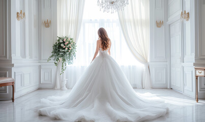 Wedding dress. Beautiful bride in white wedding dress indoors.