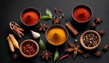 Various spices on dark background