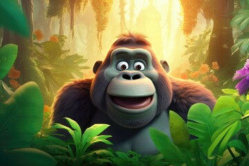 Cute Cartoon Gorilla Character in a Jungle - obrazy, fototapety, plakaty