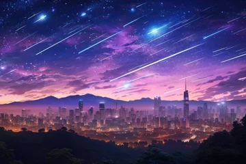 Fotobehang Landscape view on falling stars perseids, clear dark night sky. Generative Ai. © annamaria