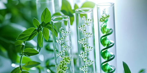 Solution of medicinal plants and flowers - decorative objects-flowers on test tubes,  Plant Science Lab, A glass test tube with a green leaf DNA inside of it.