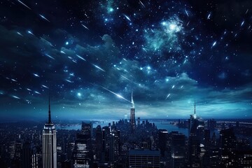 Landscape view on falling stars perseids, clear dark night sky. Generative Ai.