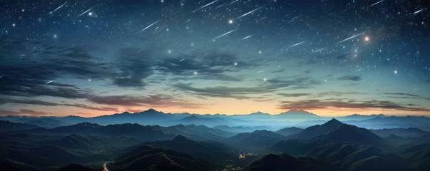 Deurstickers Landscape view on falling stars perseids, clear dark night sky, panorama banner. Generative Ai. © annamaria
