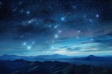 Landscape view on falling stars perseids, clear dark night sky. Generative Ai.