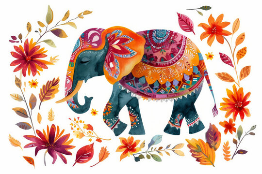 Colorful painted Elephant. A painting of a Elephant with flowers. Vibrant Elephant in Floral Field. Indian elephant eye with flower decoration. elephant statue surrounded by flowers and leaves.
