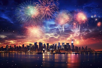 Landscape view on fireworks, clear dark night sky. Generative Ai.