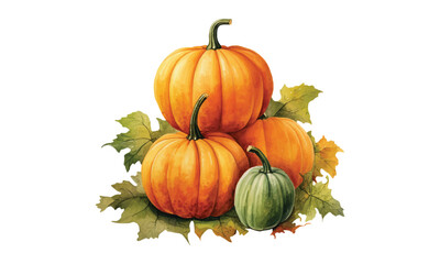 pumpkin and leaves isolated on white background 