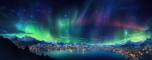 Fototapeta premium Landscape view on falling stars perseids, clear dark night sky, panorama banner. Generative Ai.
