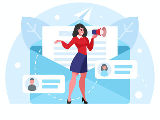 Search for employees. Businesswoman with megaphone. Attention announcement, important message. Loudspeaker or loud voice concept. Correspondence by email. Email marketing campaign. New email message