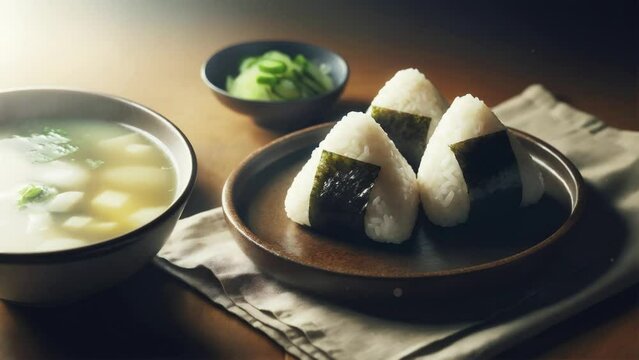 Background video. Onigiri set meal (rice balls, miso soup, and pickles), traditional Japanese food.