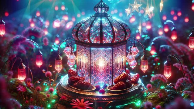 Ramadan Kareem celebration with beautiful lanterns and dates background. Seamless looping time-lapse virtual video animation background.