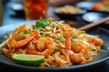 Pad Thai: Stir-fried rice noodles with shrimp, tofu, bean sprouts, peanuts, and tamarind sauce