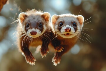 Playful ferret siblings tumbling over each other, their sleek bodies a blur of motion.
