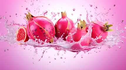 Captivating Elegance: Pink Dragon Fruits Unveiling Their Allure with a Sublime Water Splash on a Mesmerizing Pink and White Background