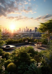 Fototapeta premium Urban rooftop garden with a lot lush greenery, seating areas, views. Generative Ai.
