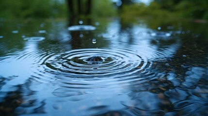 Raindrop ripples in puddles, reflecting the azure sky, heralding a refreshing spring shower. - obrazy, fototapety, plakaty