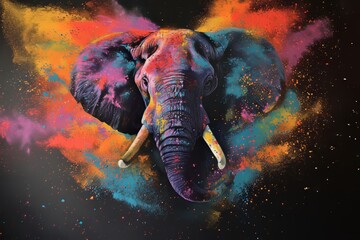 Animal elephant and holi powder explosion of colours