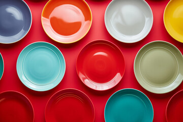 colorful plates composition on red background. set of color plate. Rainbow dishes. Set of different ceramic plates on red background, top view. A Bright and Cheerful Display of Ceramic Tableware