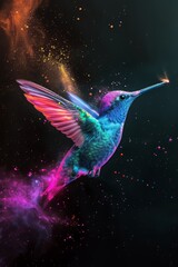 Obraz na płótnie Canvas Animal hummingbird and holi powder explosion of colours