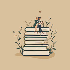 Concept: book is source of knowledge.A tiny African woman with friend sitting on stack of books and reading books.Volumes with plants as symbol of education.For library or bookstore.Hand-drawn vector