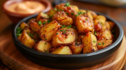 Patatas Bravas: Fried potato cubes served with a spicy tomato sauce and garlic aioli, a popular Spanish tapas dish.