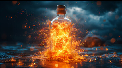 The power and intensity of a nuclear explosion, meticulously crafted inside the classic confines of a glass bottle.