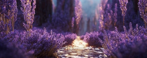 lavender flowers are growing along a narrow path in a field - obrazy, fototapety, plakaty