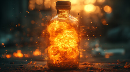 The power and intensity of a nuclear explosion, meticulously crafted inside the classic confines of a glass bottle.