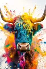 scottish highlander cow animal holipowder color explosion powder white background