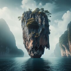 An island mountain in the middle of a body of water