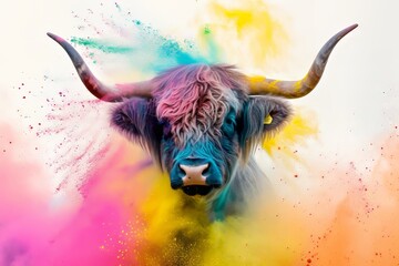 white background holi powder Scottish highlander cow with an explosion of colors 