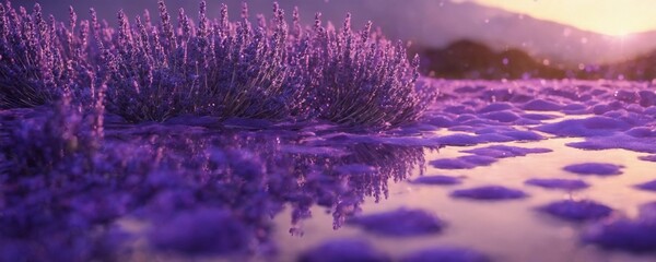 lavender flowers are in a field with a mountain in the background - obrazy, fototapety, plakaty