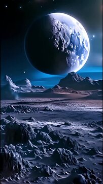 Fantastic lunar surface and blue Earth planet at night in deep space