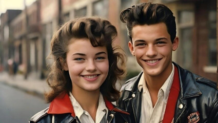 Retrato peggy Sue y rocker sonriendo en una calle de finales de la decada de los años 50s. - obrazy, fototapety, plakaty