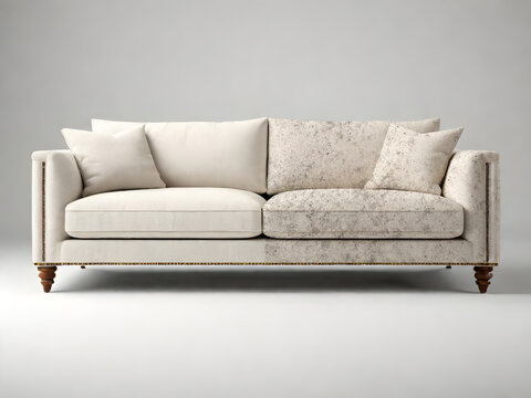 Sofa before and after dry-cleaning in room