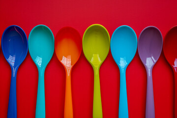 Set of Tea Colored Spoons, Isolated on red background. Top view of spoon. Colorful spoons. Multi-colored spoons. eco-friendly plastic concept. Flat lay. Close-up.