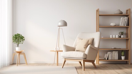 Create a cozy Scandinavian reading corner with a minimalist bookshelf, a comfortable armchair, and soft, neutral textiles for warmthar