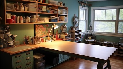 Create a dedicated craft corner with a sturdy worktable, ample storage for supplies, and good lightingar