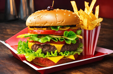 A cheeseburger and fries on a red tray, burger on a plate, big juicy burger, hamburger