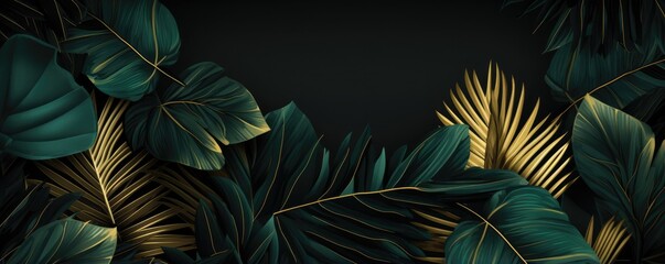 Fototapeta na wymiar Wallpaper of exotic dark green leaves with different type of shades with gold, panorama. Generative ai.