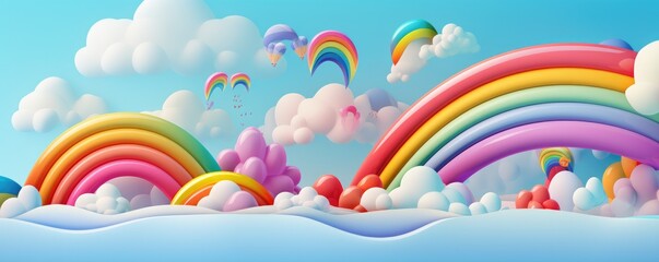 Abstract wallpaper of rainbow with clouds like baloons, pastel kids panorama banner. Generative Ai.