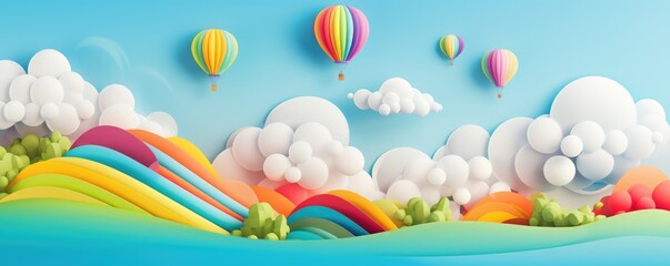 Abstract wallpaper of rainbow with clouds like baloons, pastel kids panorama banner. Generative Ai. - obrazy, fototapety, plakaty