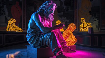 The timeless wisdom of Greek philosophers comes to life through statues adorned with neon lights, symbolizing the enduring relevance of their ideas. - obrazy, fototapety, plakaty